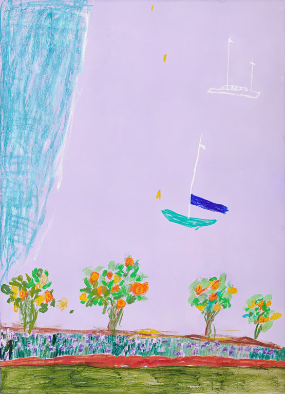 Mauve sea and orange trees